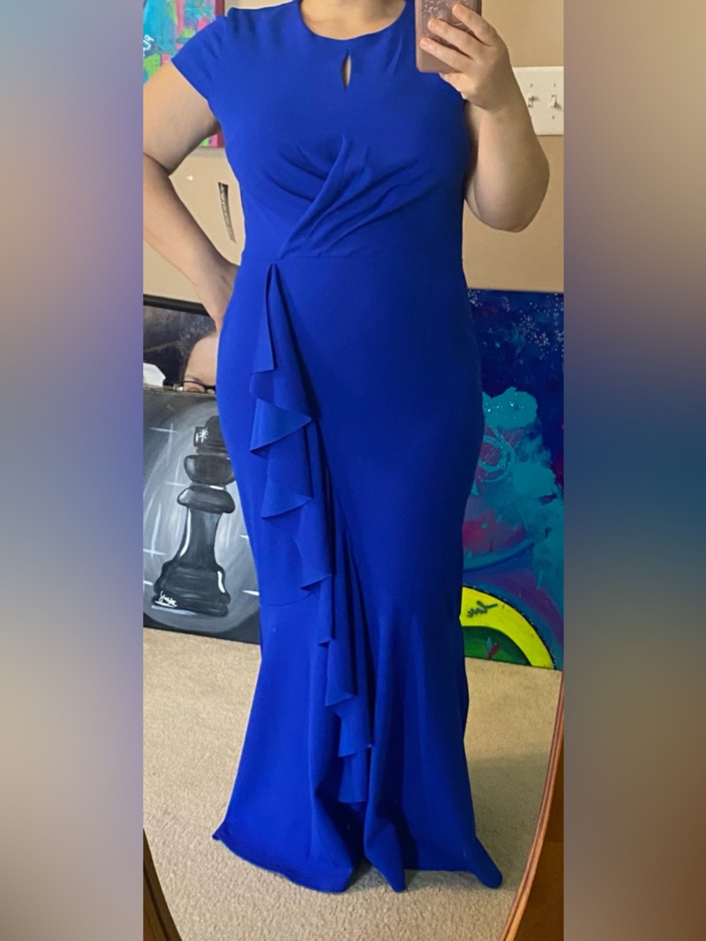 Elegant Cobalt Blue Ruffle-Front Maxi Dress